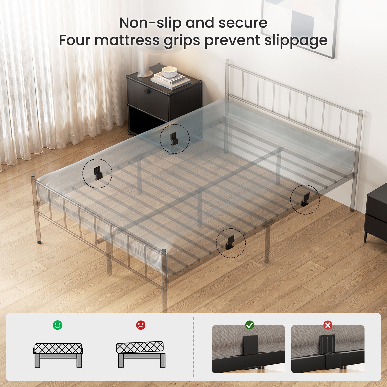 Lit Métallique 160x200 cm, Lit Minimaliste Pour Deux Places, Avec Tête Et Pied De Lit Inclus, Extra Solide, Grand Espace De Rangement - 6