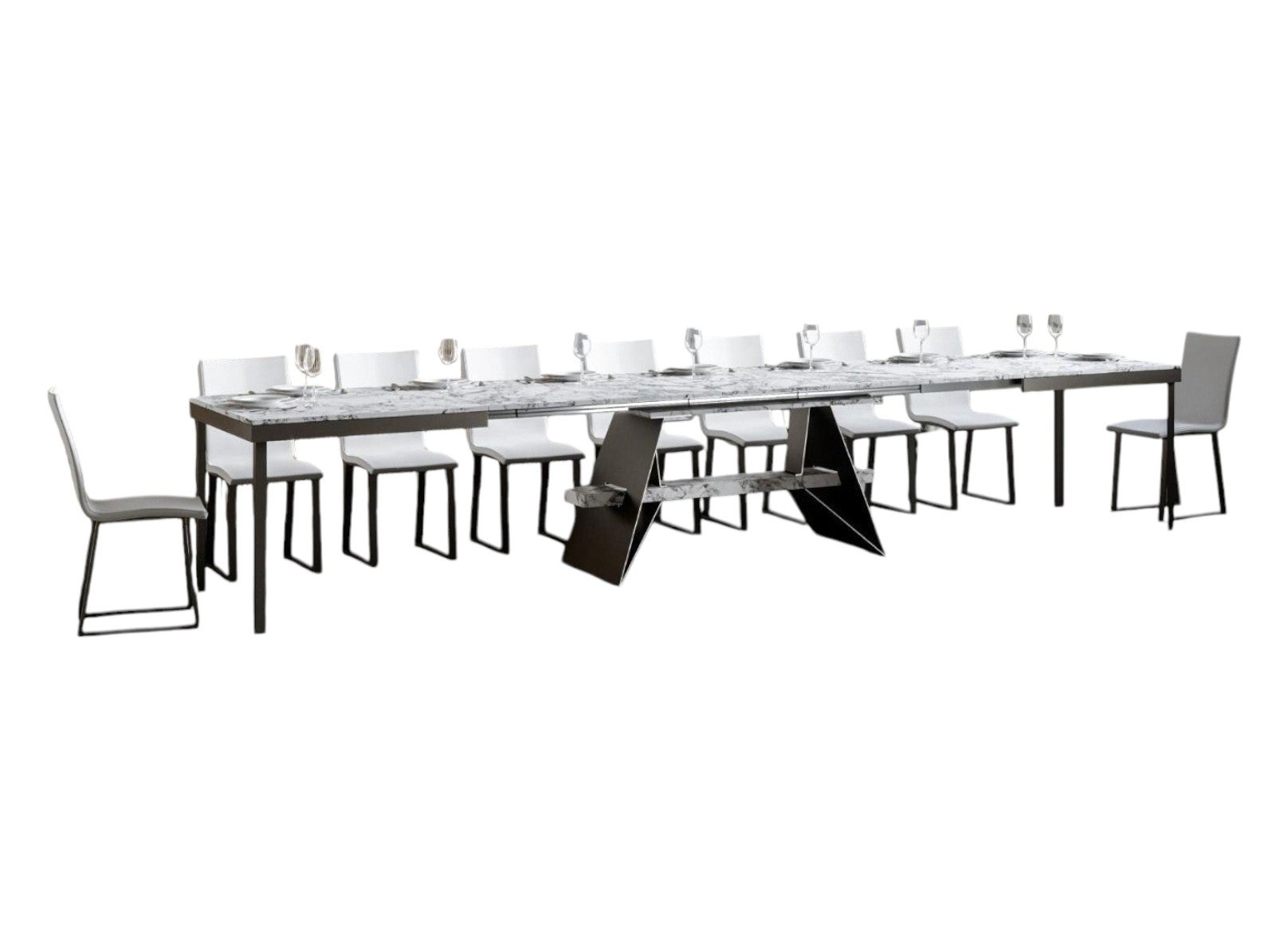 Mesa extensible efecto mármol blanco con patas de metal gris, asientos de 6 a 20 l 180 a 440 cm bary