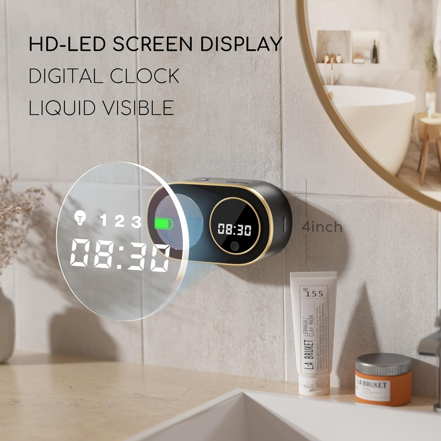 Dispenser automatico di sapone senza contatto nero con display LED ad alta definizione. Dispenser di sapone in schiuma ricaricabile da parete, adatto - 2