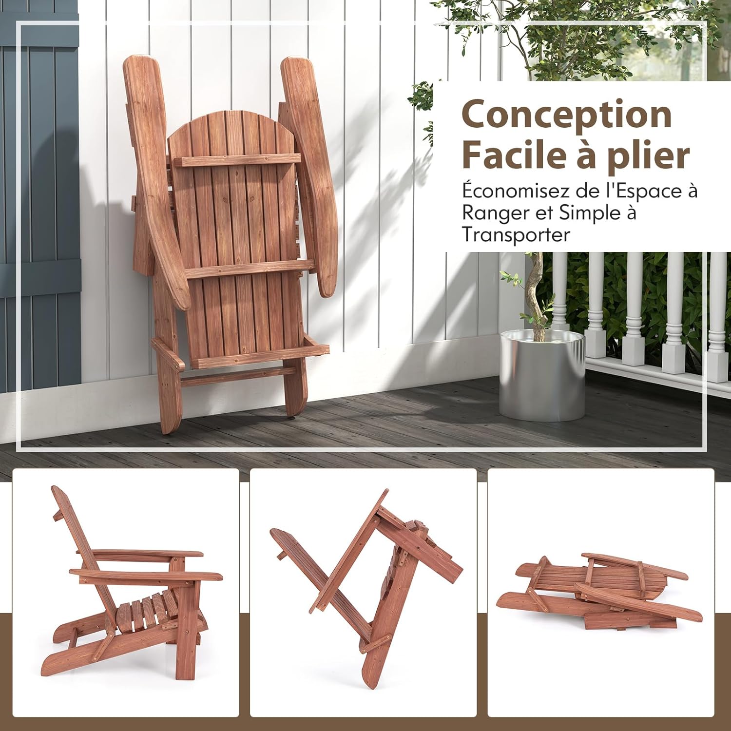 Lot de 2 Chaise de Jardin Adirondack en Bois, Fuateuil de Jardin à Lattes Pliable avec Accoudoirs, Dossier Haut, Charge 160 KG - 5