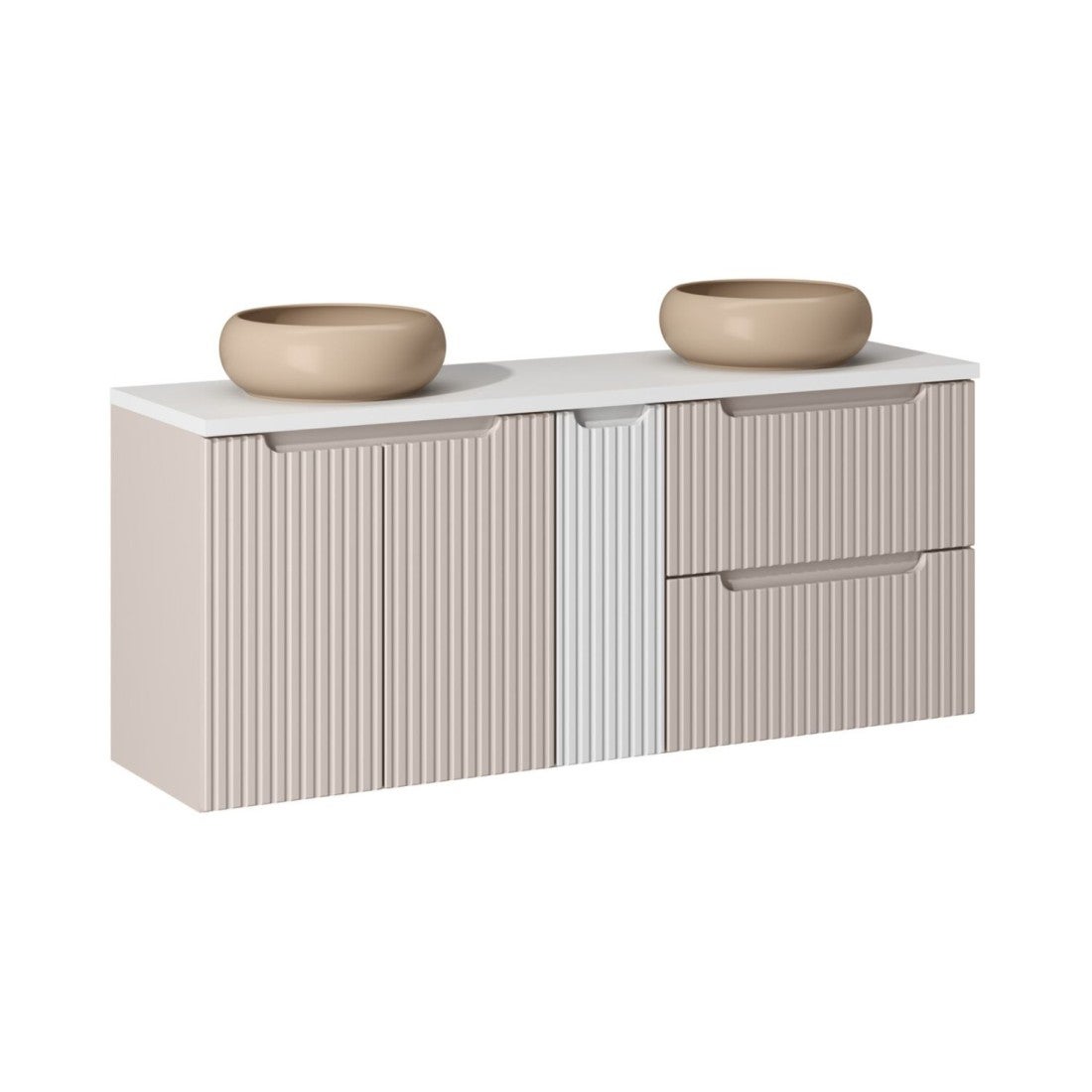 Conjunto vano cachemira y blanco 140cm: muebles bajo lavabo con cajones y armarios + lavabos sobre encimera marrón capuchino