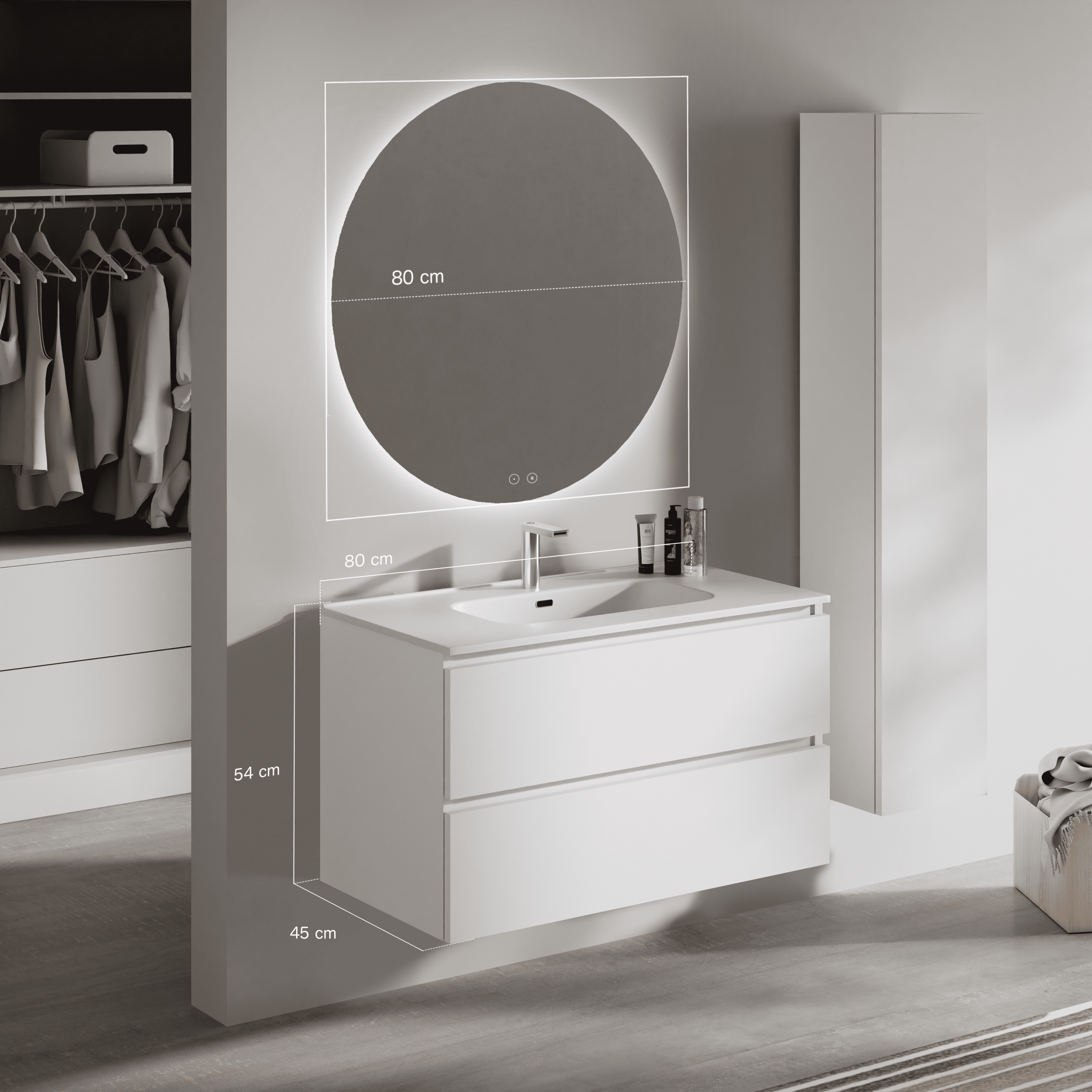 Feel Your Bath, Meuble de Salle de Bain PANTER Blanc 80 cm, 2 Tiroirs, Vasque Céramique Intégrée et Miroir Rond LED - 3