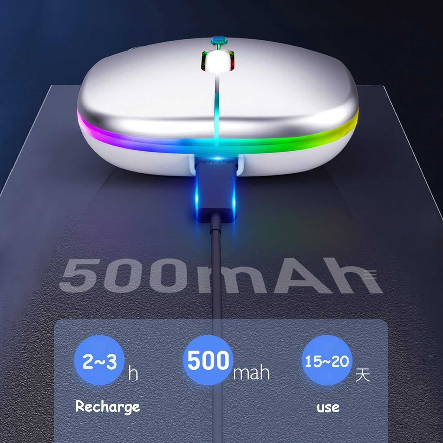 Mouse wireless ricaricabile, mouse Bluetooth, due modalità (BT 5.1 + wireless 2.4G), silenzioso, 3 livelli DPI (800-1200-1600), mouse wireless con lu - 5