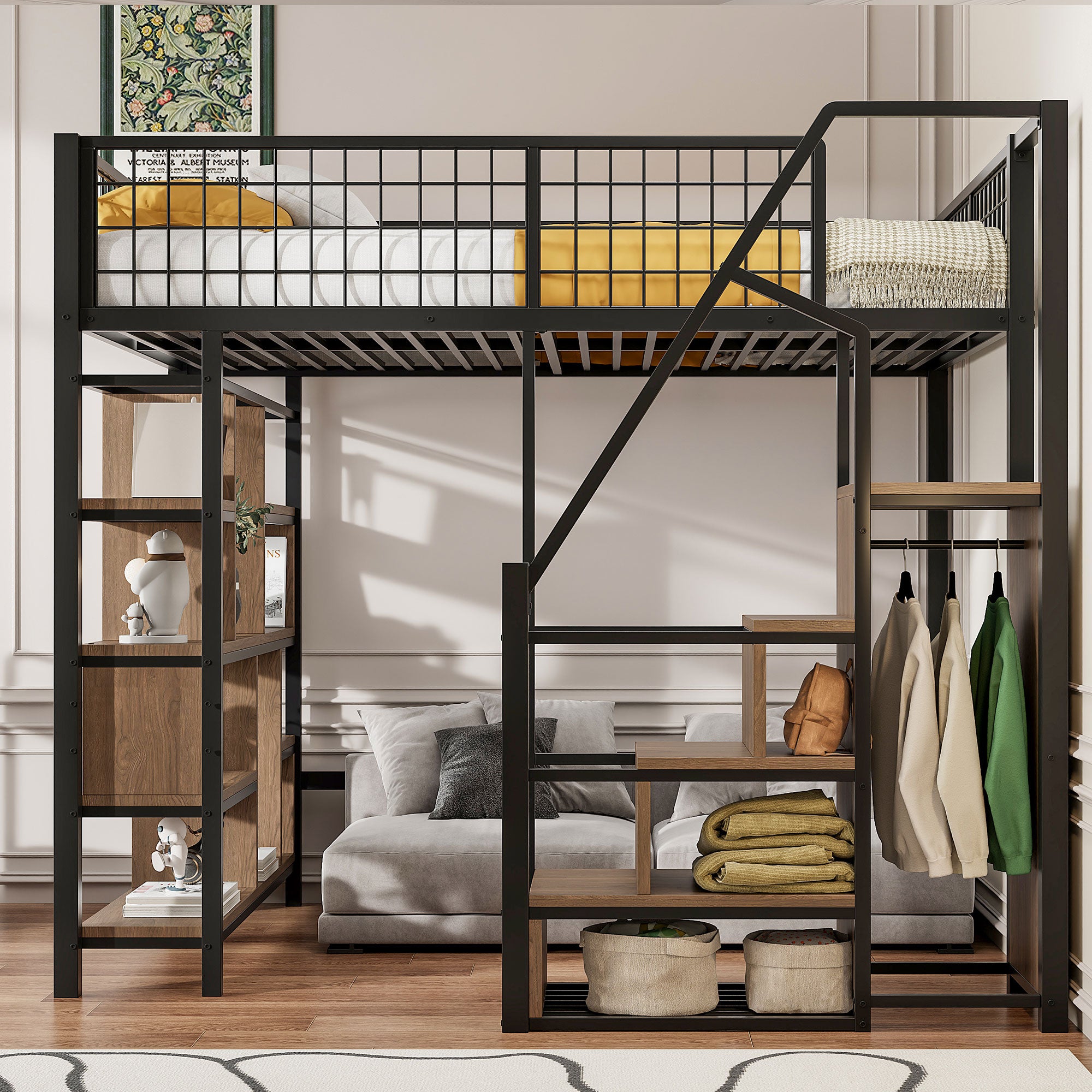 Multifunctioneel hoogslaperbed 140 x 200 cm, metalen bed met opbergruimte, planken en ladder, zwart