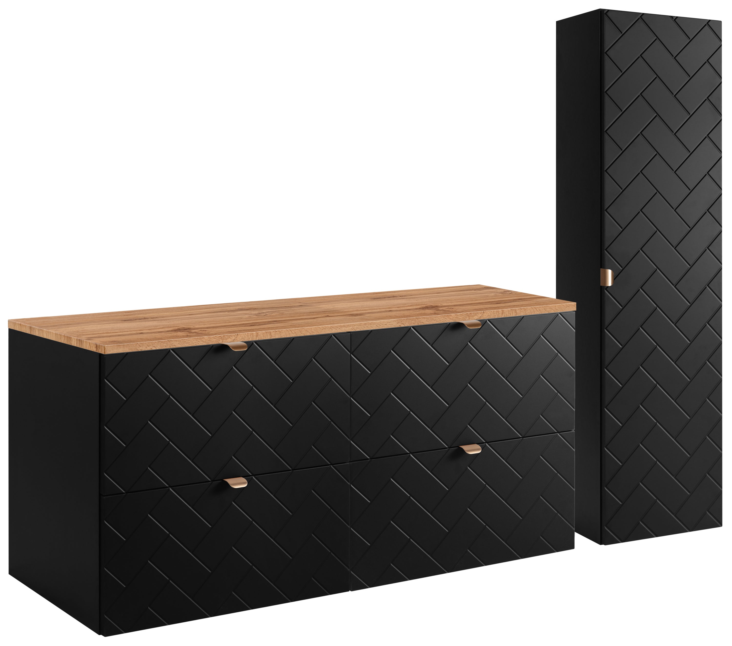 Czarny zestaw mebli łazienkowych MADIS 120 cm z blatem dąb wotan i słupkiem, ryflowane fronty