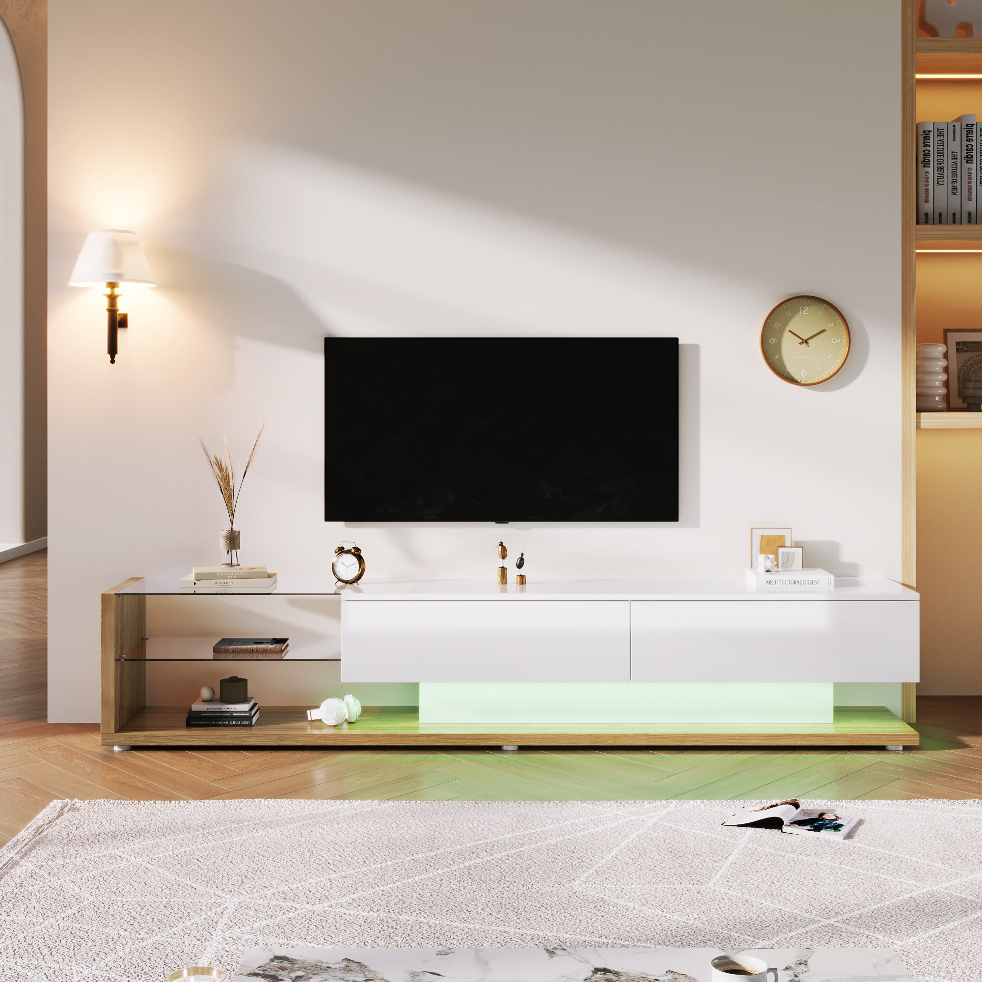 Szafka RTV z 2 szufladami i szklanymi półkami - 170 x 36 x 38 cm - Diody LED - Płyta wiórowa - Biały + naturalny
