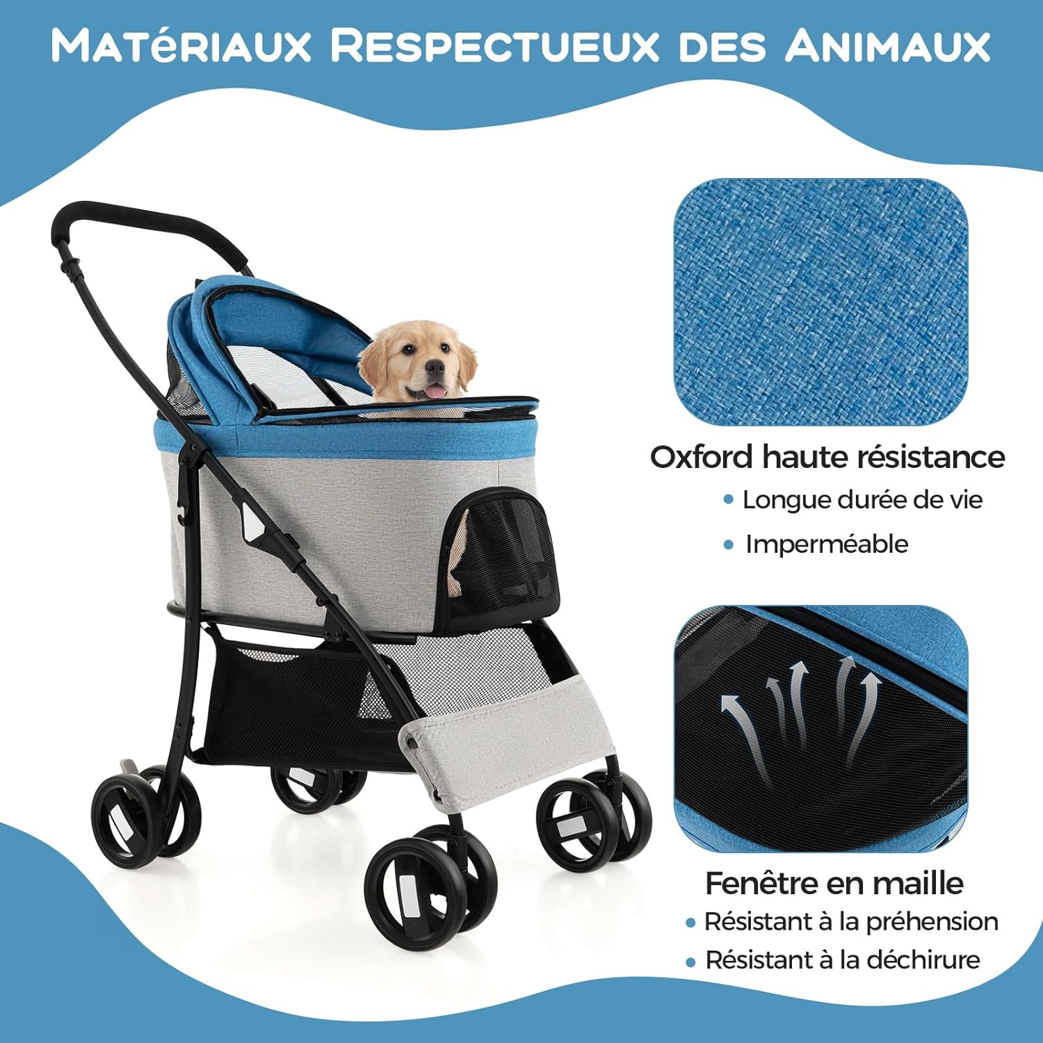 Carrinho de passeio dobrável 3 em 1 para cães com cesto de arrumação amovível, capacidade de 15 kg (azul) - 3