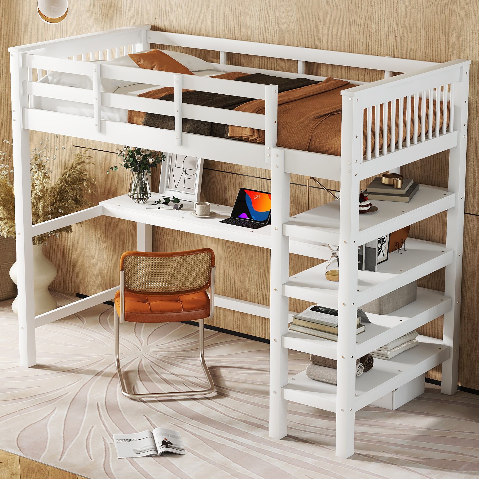 Cama alta 90 x 200 cm com secretária e prateleiras de arrumação - Madeira de pinho + MDF - Branco - 3