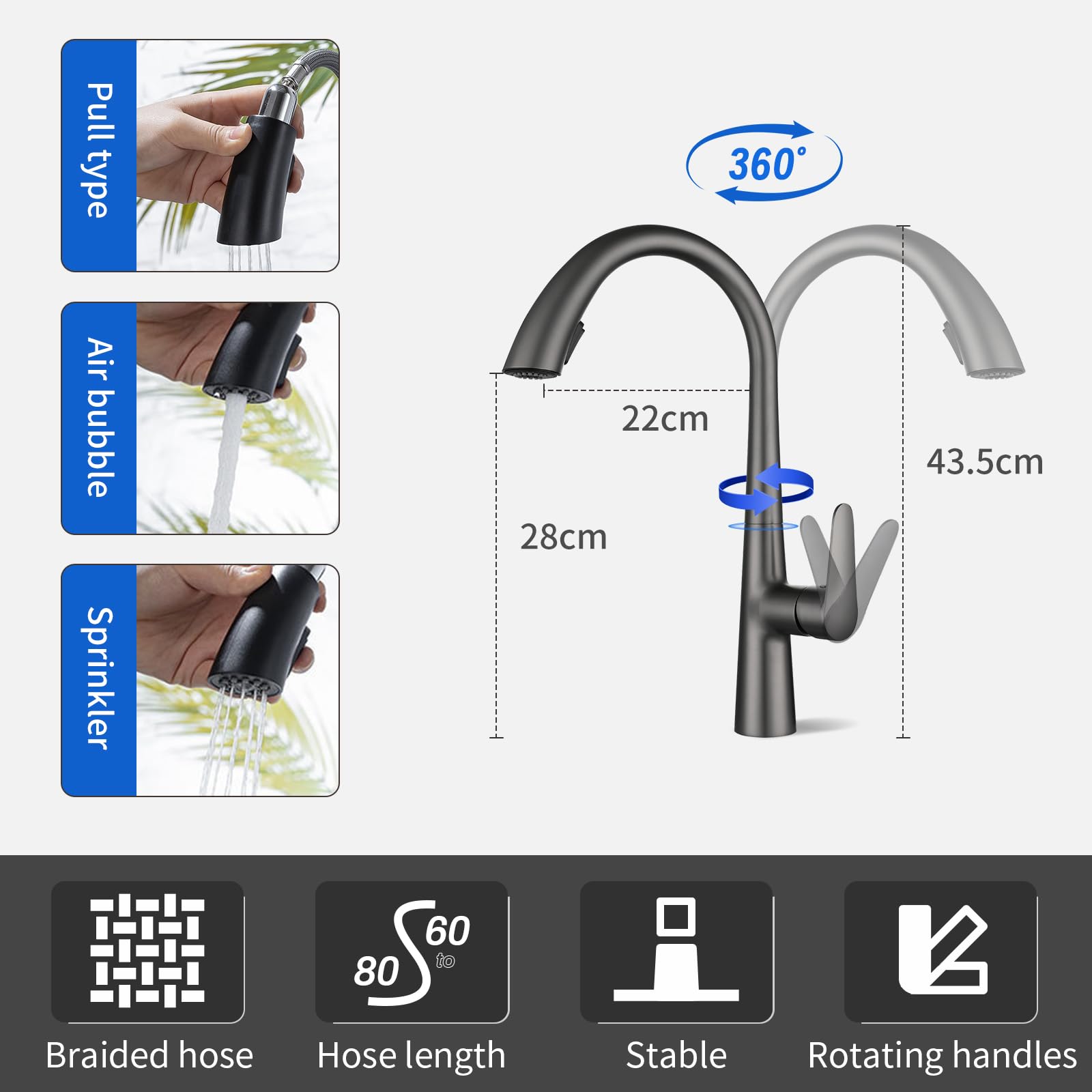 Mitigeur Cuisine Gris avec Douchette Extractible 360° - Robinet Évier Acier Inoxydable 2 Modes Pulvérisation - Mitigeur Modern Cuisine - 3