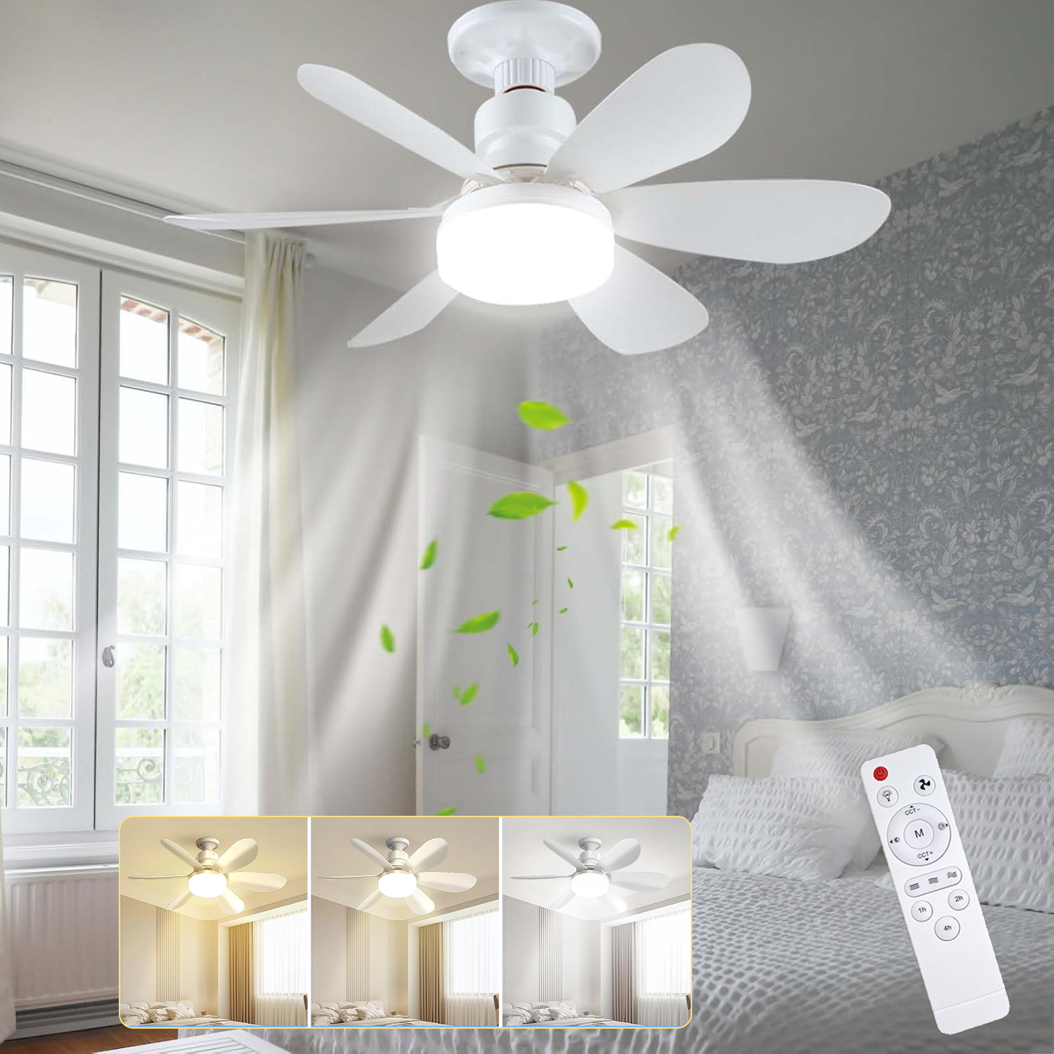 Wentylator sufitowy ze światłem i pilotem, 52CM 40W Mały ściemnialny wentylator sufitowy LED z gniazdem E27, 6 łopat, 3 prędkości, funkcja timera