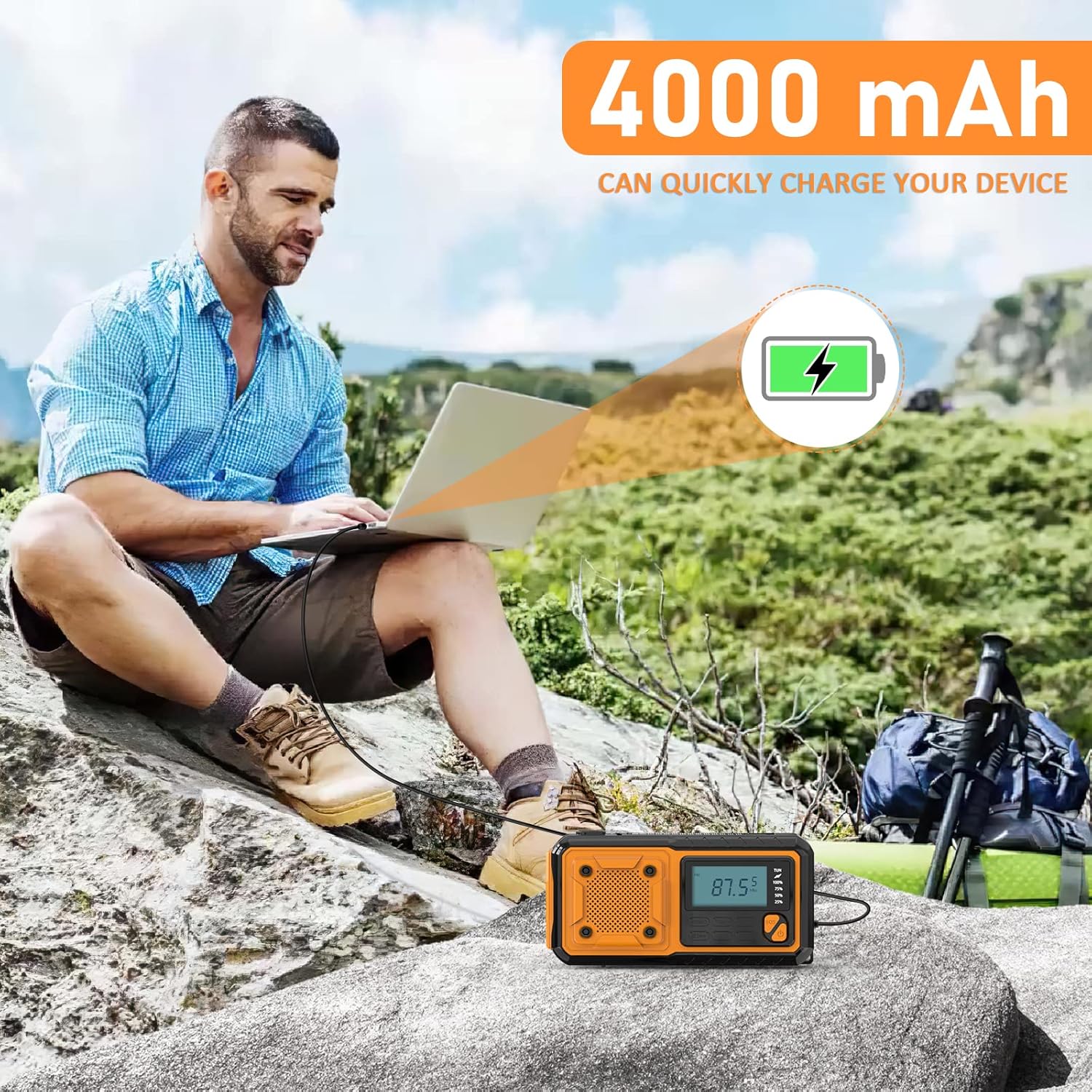 Radio Solaire Radio Portable, d'urgence Météo 4000mAh Radio à Manivelle avec FM/AM/SW Radio Dynamo, avec Lampe de Poche LED/Alarme SOS/Câble USB - 5