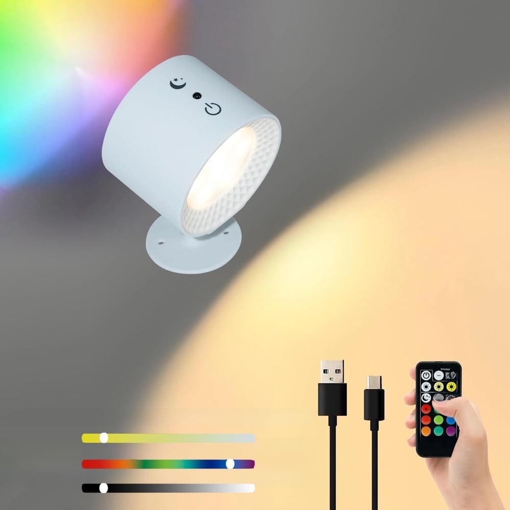 Lampa ścienna ładowana przez USB, obrót o 360°, oświetlenie dwustronne, 3 temperatury barwowe RGB (biała, 1 sztuka)