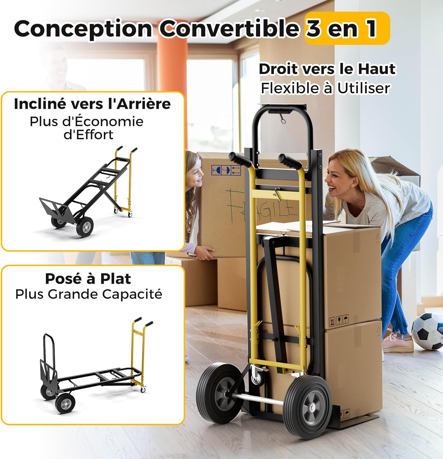 Carrinho de mão em metal 3 em 1 com rodas de borracha universais, carrinho industrial dobrável para transporte e mudança, 57 x 53 x 131 cm - 3