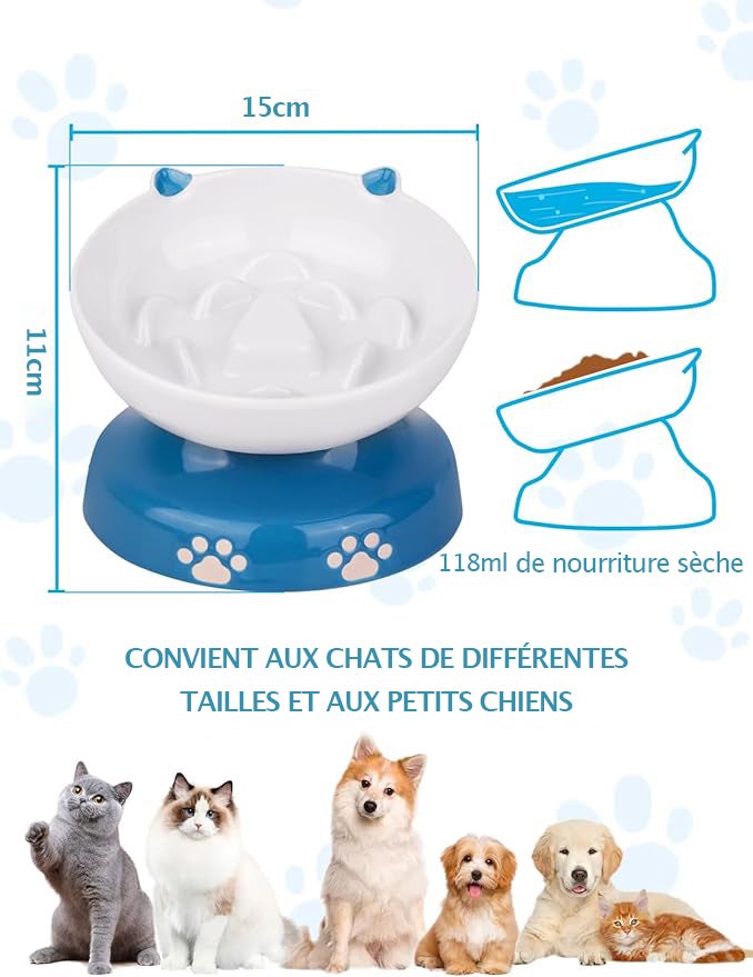 Y YHY Ciotola per cani e gatti per alimentazione lenta, ciotola inclinata rialzata, blu e bianca - 4