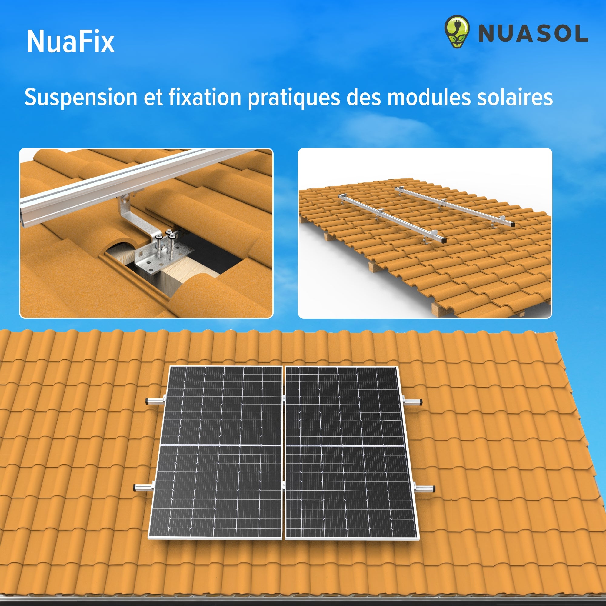 NUASOL Lot de 2 crochets de toit photovoltaïques PV pour toit de tuiles - Avec profilé solaire en aluminium, embouts de 35 mm, jusqu'à 115 cm - 7