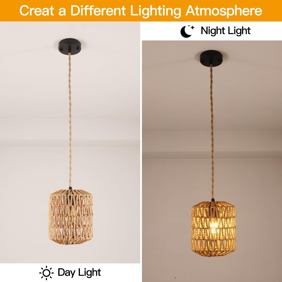 GLAMARIS Lustre en Rotin, Lampe Suspension Vintage E27, Luminaire Plafonnier en Rotin pour Salon, Cuisine, Chambre, Café-bar - 3