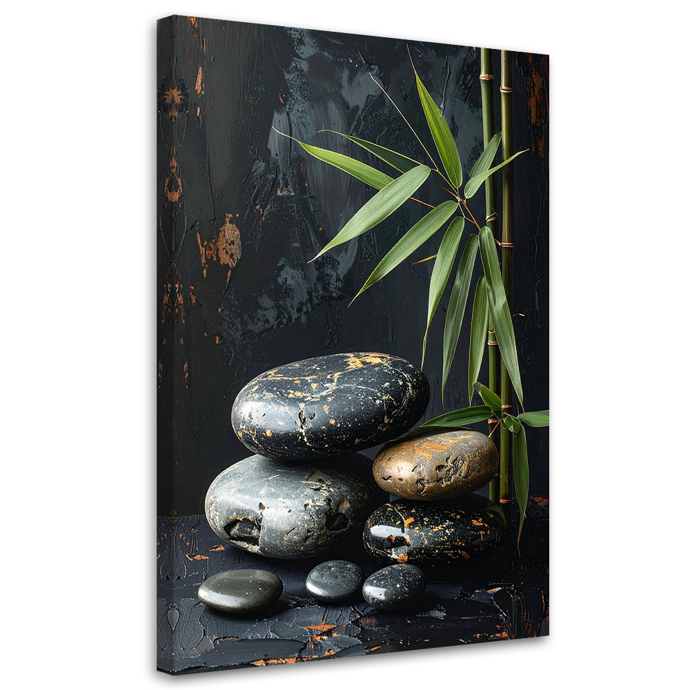 Obraz do salonu sypialni, Czarne kamienie zen spa liście na czarnym tle 80x120