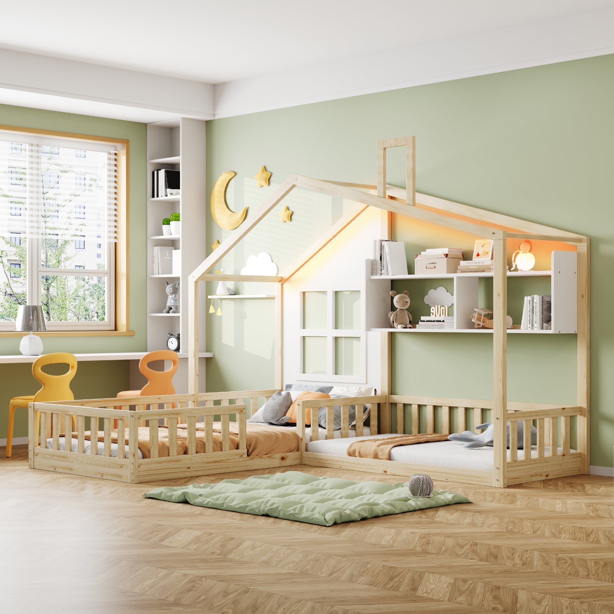 Łóżko dziecięce kabinowe 90 x 200 cm + 140 x 70 cm z półkami - Sklejka + MDF + sosna - Stelaż z listew w zestawie - Diody LED - Kolor drewna
