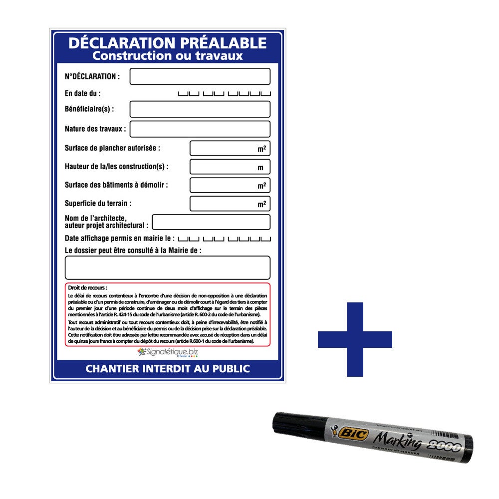 Panneau déclaration préalable construction ou travaux + marqueur noir - Sans oeillets - 2