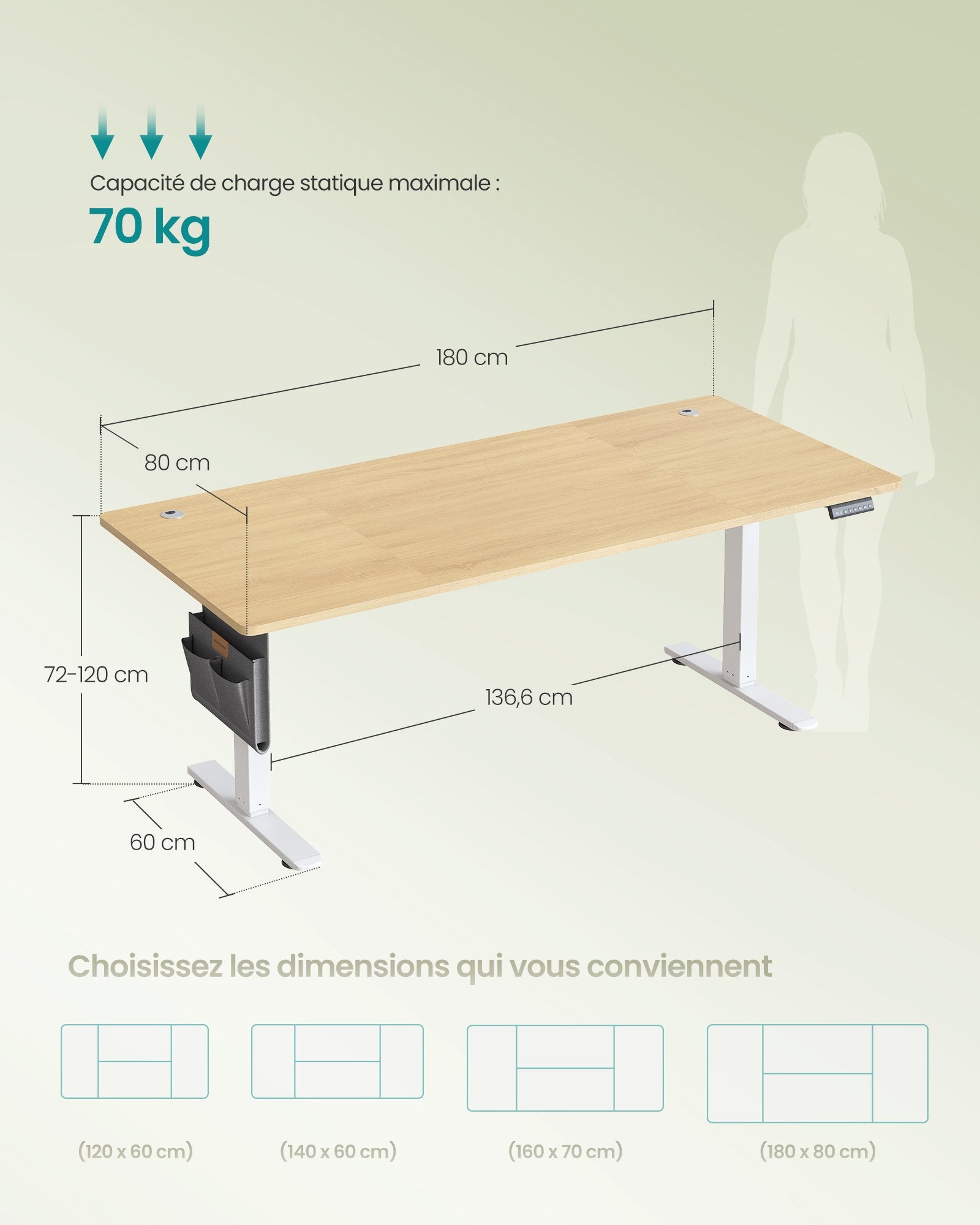 Bureau Électrique Réglable en Hauteur, 180 x 80 cm, Fonction Mémoire 4 Hauteurs, Port USB-C, Organiseur, pour Télétravail, Doré Chêne - 5