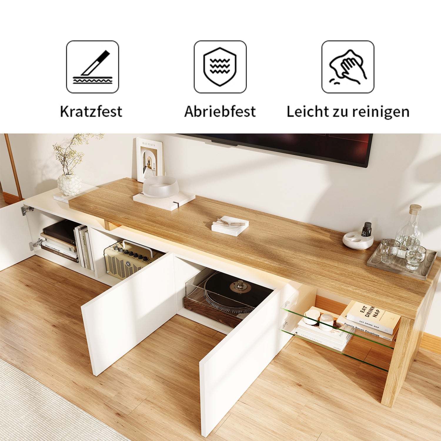Meuble TV 200 cm, Support pour Téléviseur 75 Pouces, lumières LED variables, design 3 portes, étagères verre, Cadre en Bois, 200x39x42 cm - Blanc - 7