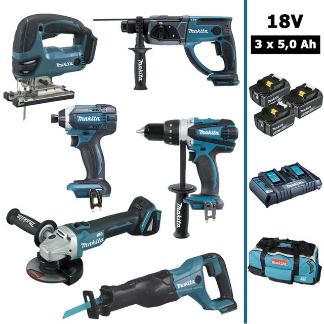 MAKITA Pack 6 machines Power Pro 18V: DDF458 +DHR202 +DGA504 +DTD152 +DJV180 +DJR186 +3 batt 5Ah, chargeur double, sac roulettes