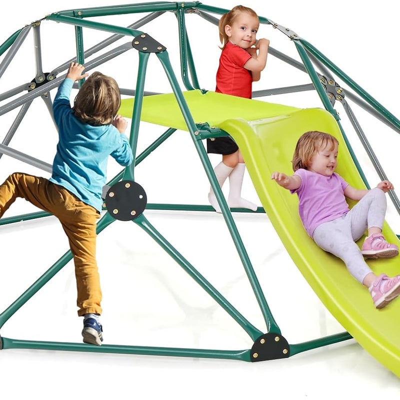 Zestaw 2 w 1: Kopuła do Wspinaczki i Zjeżdżalnia, Stabilna Metalowa Drabinka Geometryczna o Nośności 150 kg, Plac Zabaw (Zielony + Szary)