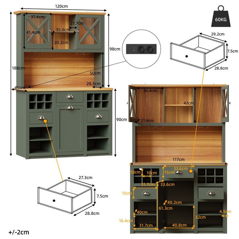 Buffet de Cuisine Haut avec LED et Portes Vitrées, Armoire de Rangement 120x45x188 cm, Meuble de Rangeement avec Prise et USB, Casier à Vin, Vert - 6