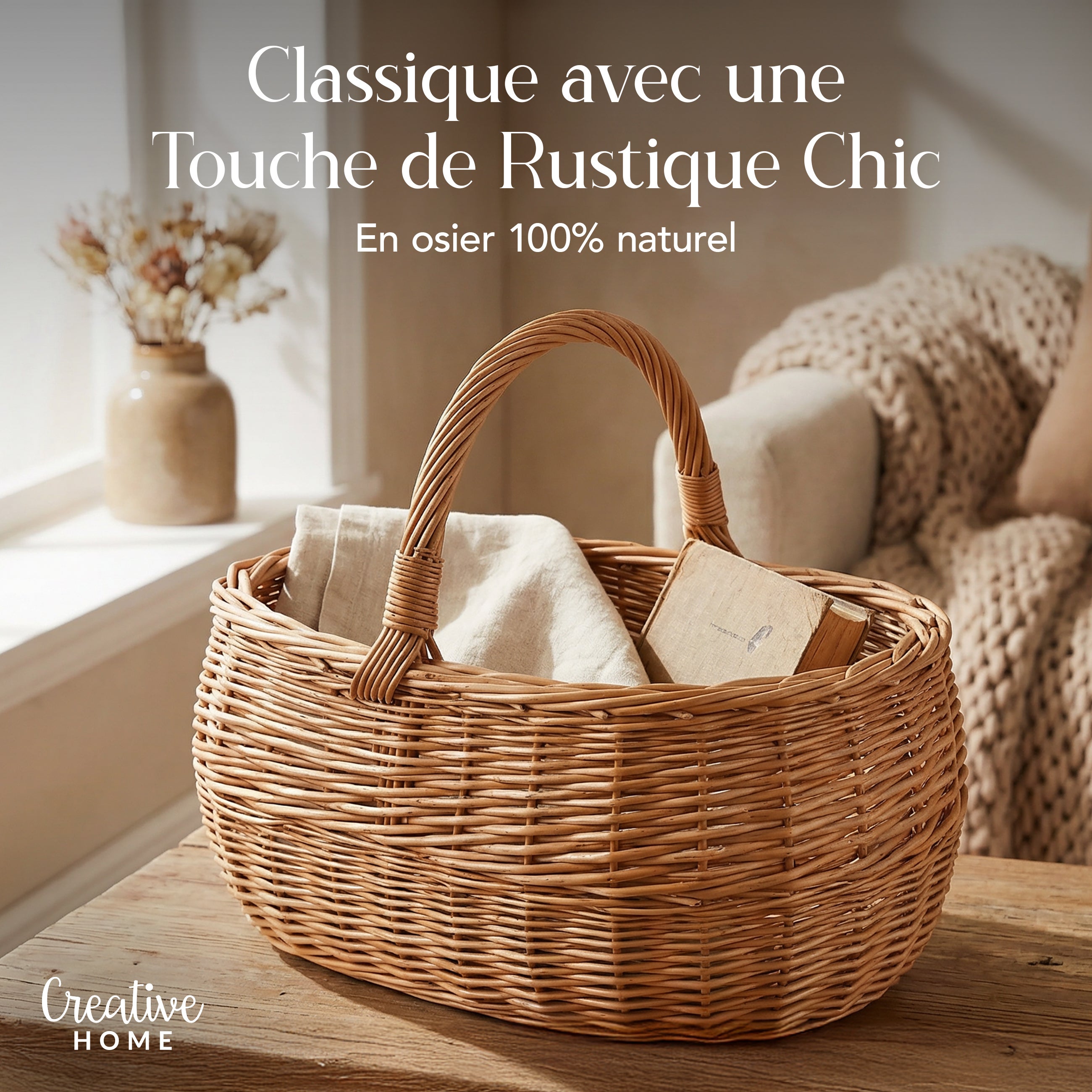 Creative Home Grand Panier Osier Avec Anse 47 x 31 x 36 cm | Marron Naturel | Léger Tressé À La Main - 5