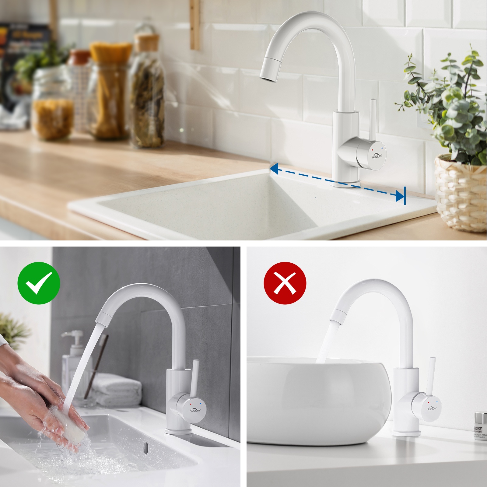 Robinet Lavabo Rotation à 360° Robinet Salle Bain Laiton Blanc Mitigeur Lavabo Eau Froide/Chaude Robinetterie pour Salle Bain - 3