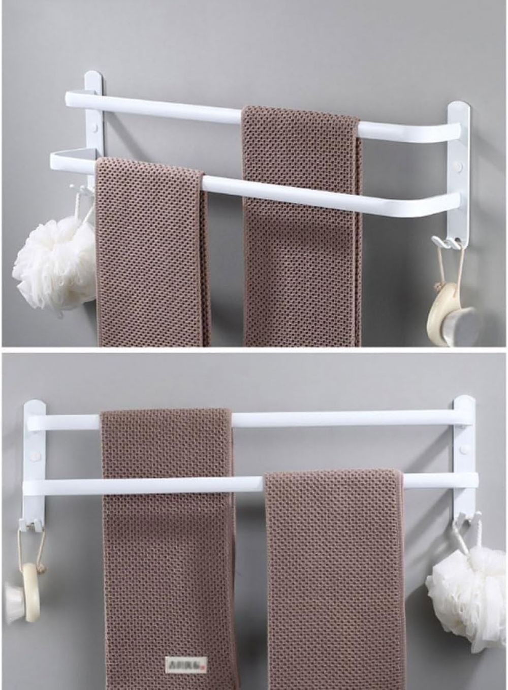 Wieszak na ręczniki ścienny, wielowarstwowy wieszak na ręczniki z haczykami, aluminiowy wieszak na ręczniki do łazienki (30 cm, biały, 2 warstwy)