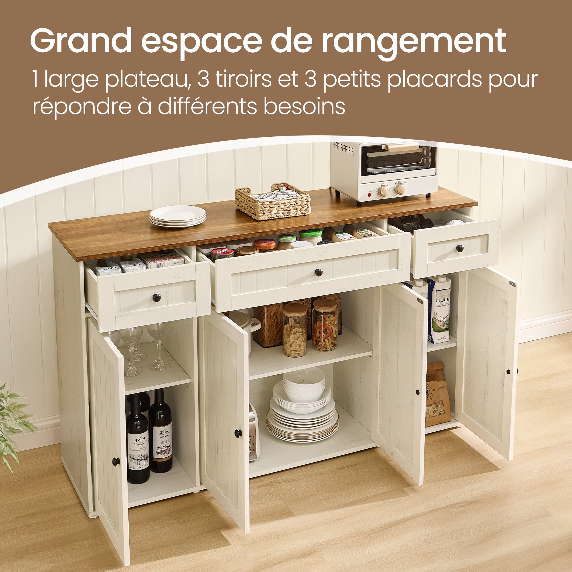 Buffet, Snapsemble Montage Super Rapide, Meuble de Cuisine avec Plan de Travail, Blanc et Marron - 6
