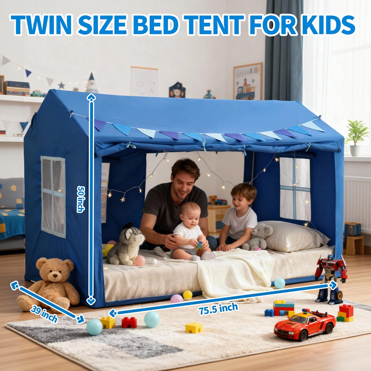 Tente pour lit enfant, cabane princesse avec lumières étoilées, espace privé respirant, tente lecture pour garçons et filles, bleu - 2