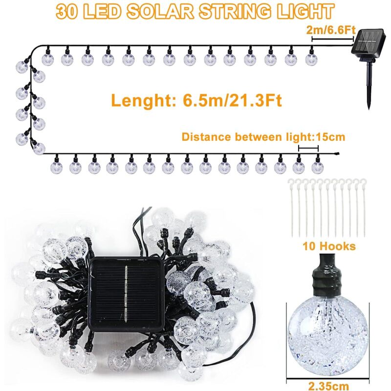 Luzes de corda para áreas externas, 5 m, 20 LEDs, 8 modos, IP65 à prova d'água, para jardim, casamento (branco quente) - 2