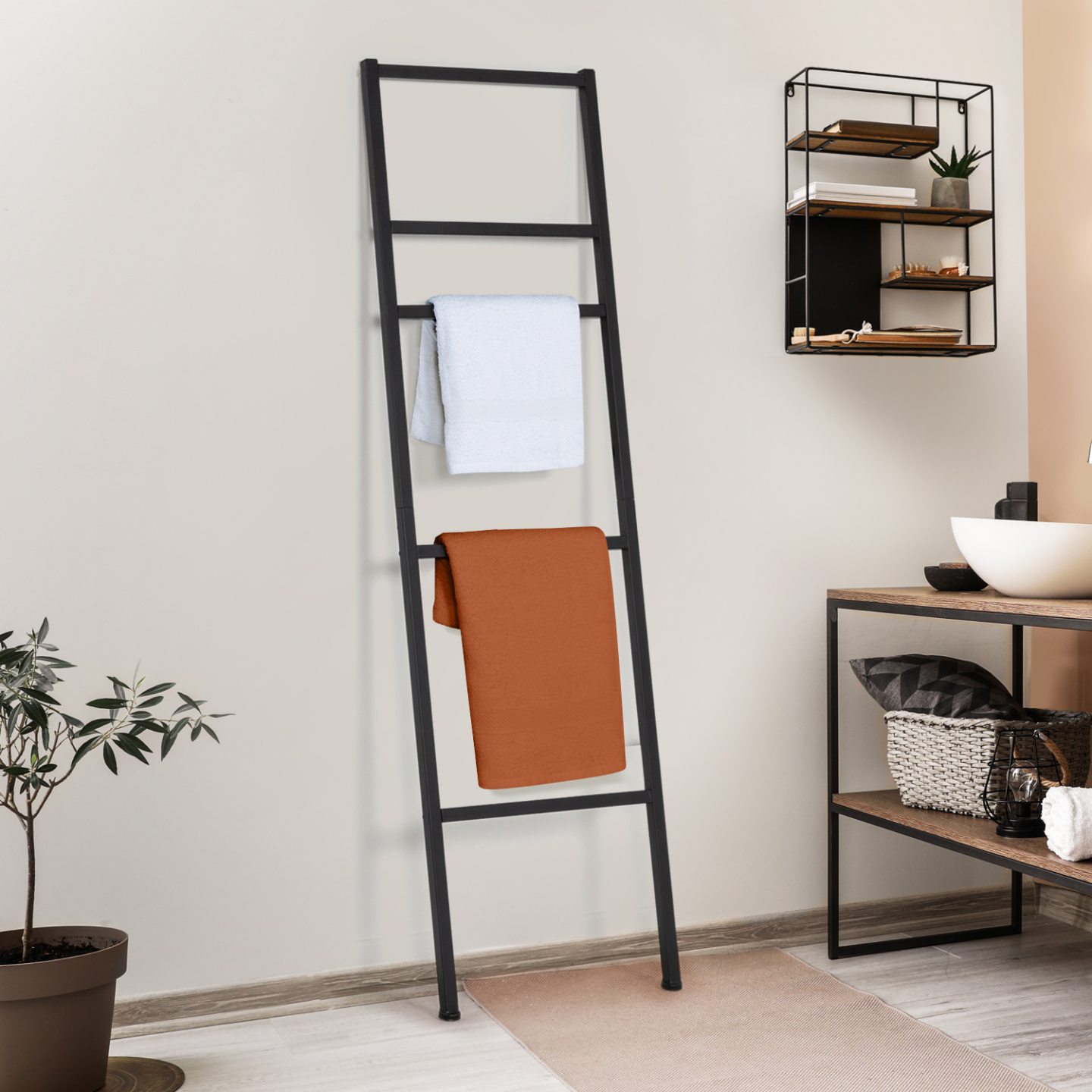 Porte-Serviettes Sur Pied En Métal Gris - 4 Barres Échelle - Inclinable - Pour Salle De Bain, Salon, Chambre - 49,69x166,14 Cm - 3