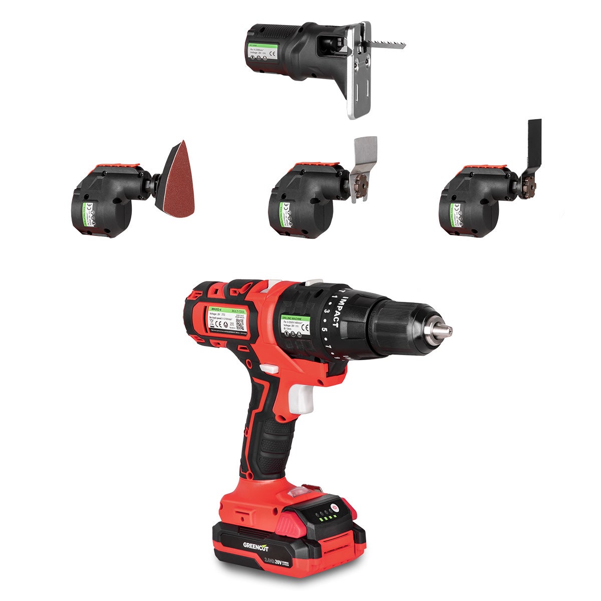 Multiherramienta inalámbrica 20V 3en1, sierra calado, rascador, taladro perforador atornillador, incluye batería 2.0Ah/cargador – Greencut MH202-3