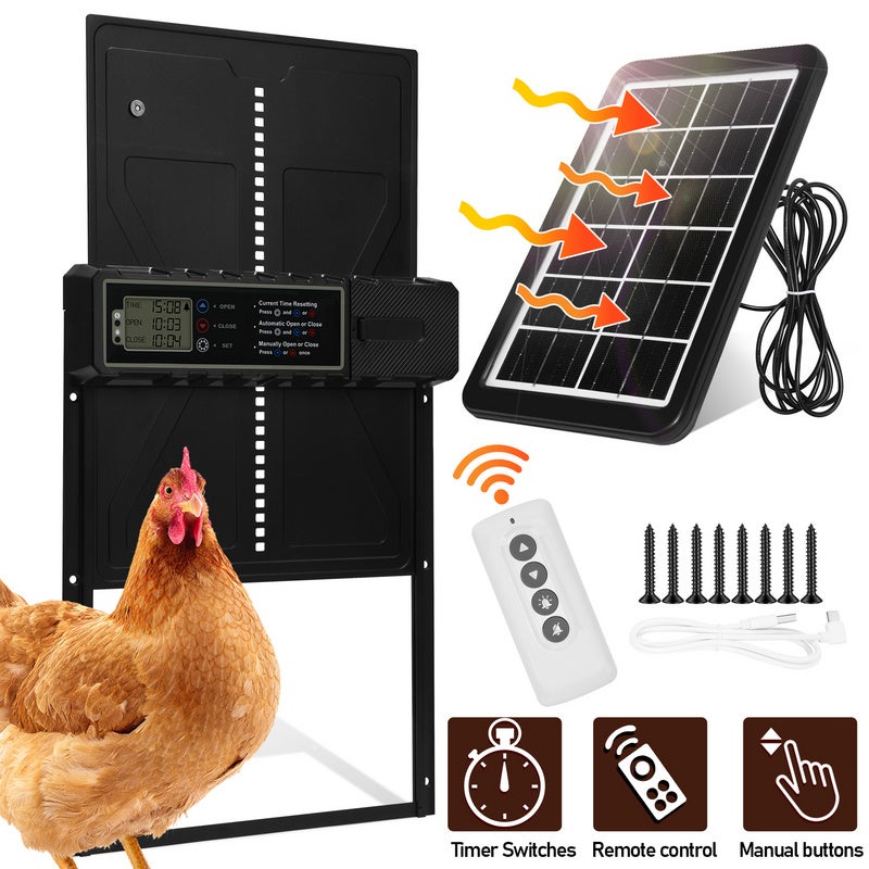 Porte Automatique Pour Poulailler Solaire - Avec écran LCD, Télécommande Et Détecteur De Lumière - Sécurisée Anti-pincement - Protection 5 Ans