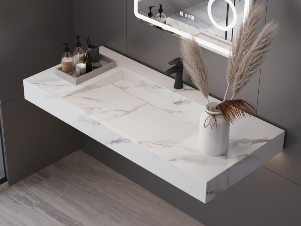 Umywalka podwieszana TAKOTNA z twardego materiału marmuropodobnego w kolorze białym – 90,2&amp;nbsp;×&amp;nbsp;45,2&amp;nbsp;×&amp;nbsp;8&amp;nbsp;cm (dł. × szer. × wys.)