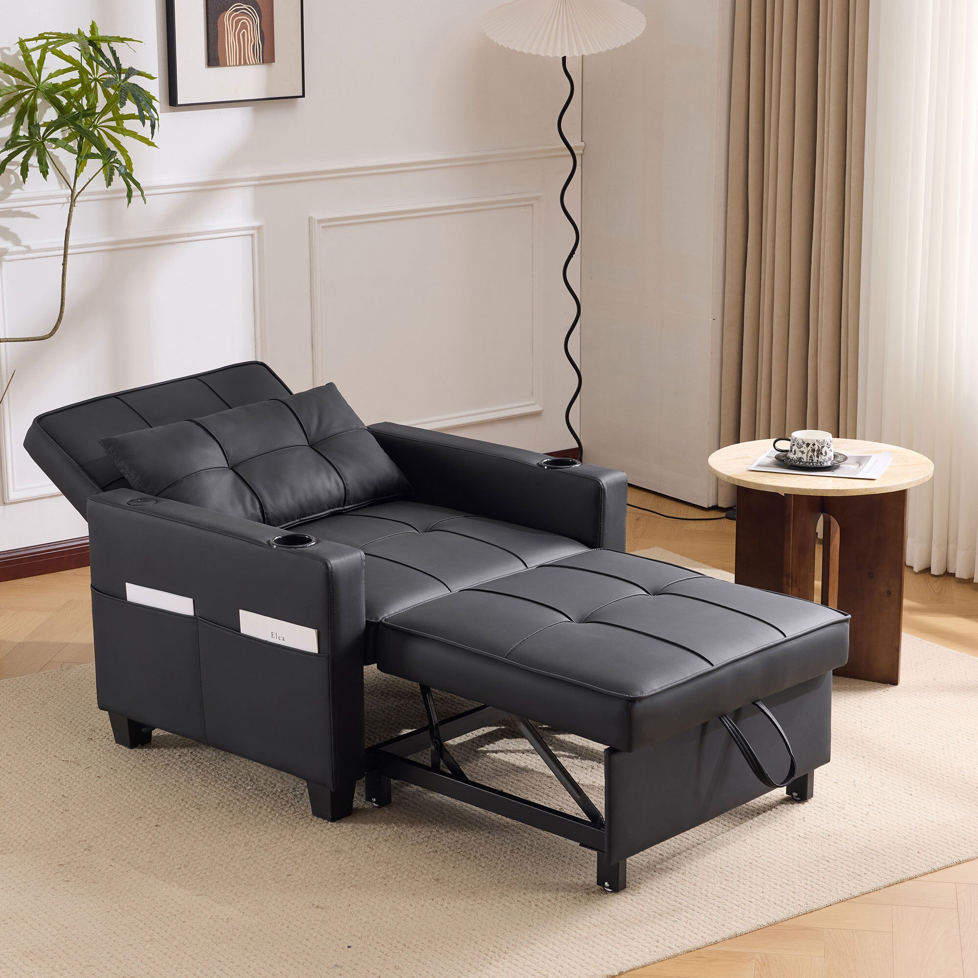 Canapé-lit simple convertible 3 en 1 avec porte-gobelets et port USB , Fauteuil avec 1 Oreiller, Poche de Rangement Latérale, Noir - 4
