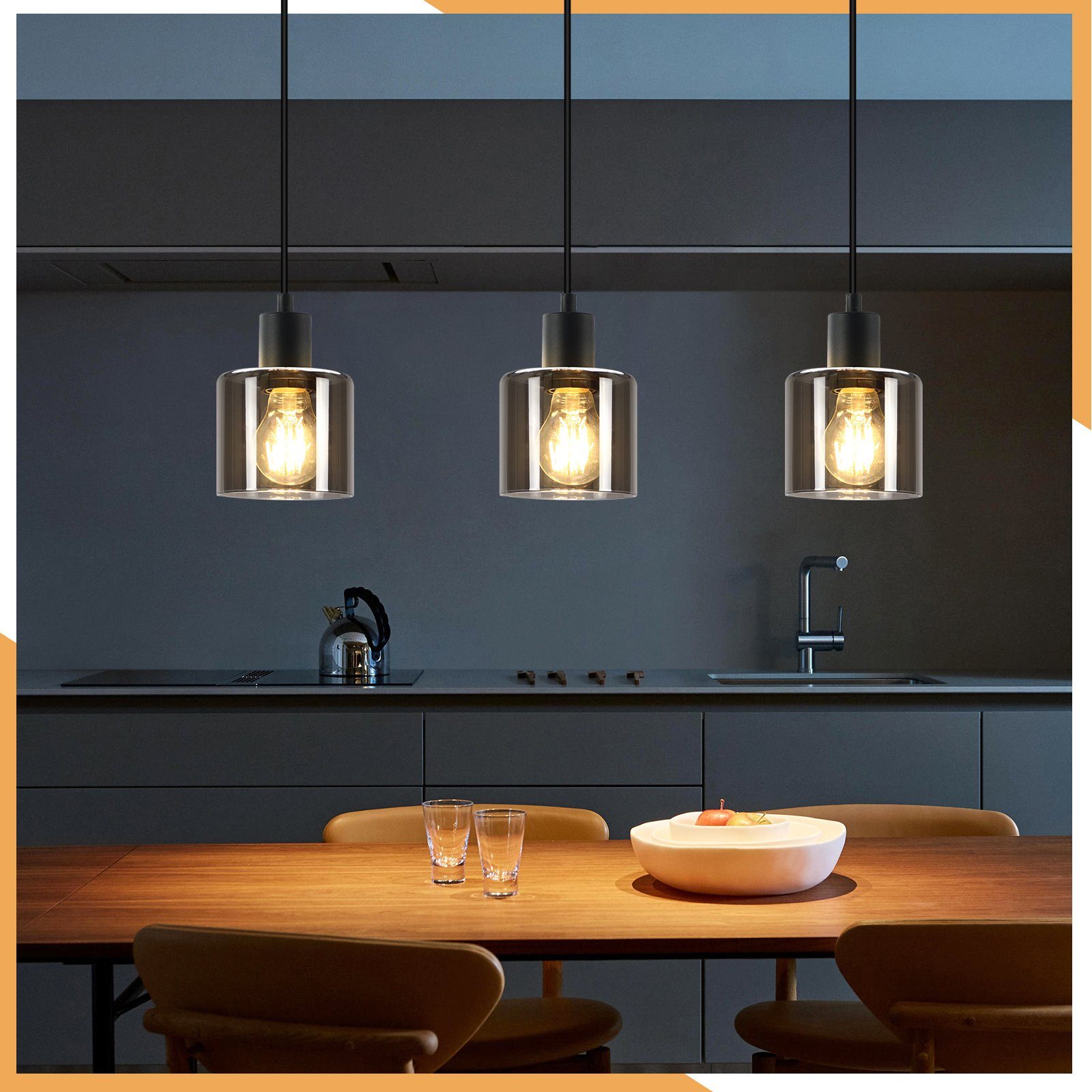 NETTLIFE Lámpara Colgante Vidrio Negro Diam.68 cm E27 Vintage 3 Bombillas Lámpara de Lámpara Industrial Retro para Sala de Estar Hotel Oficina - 7