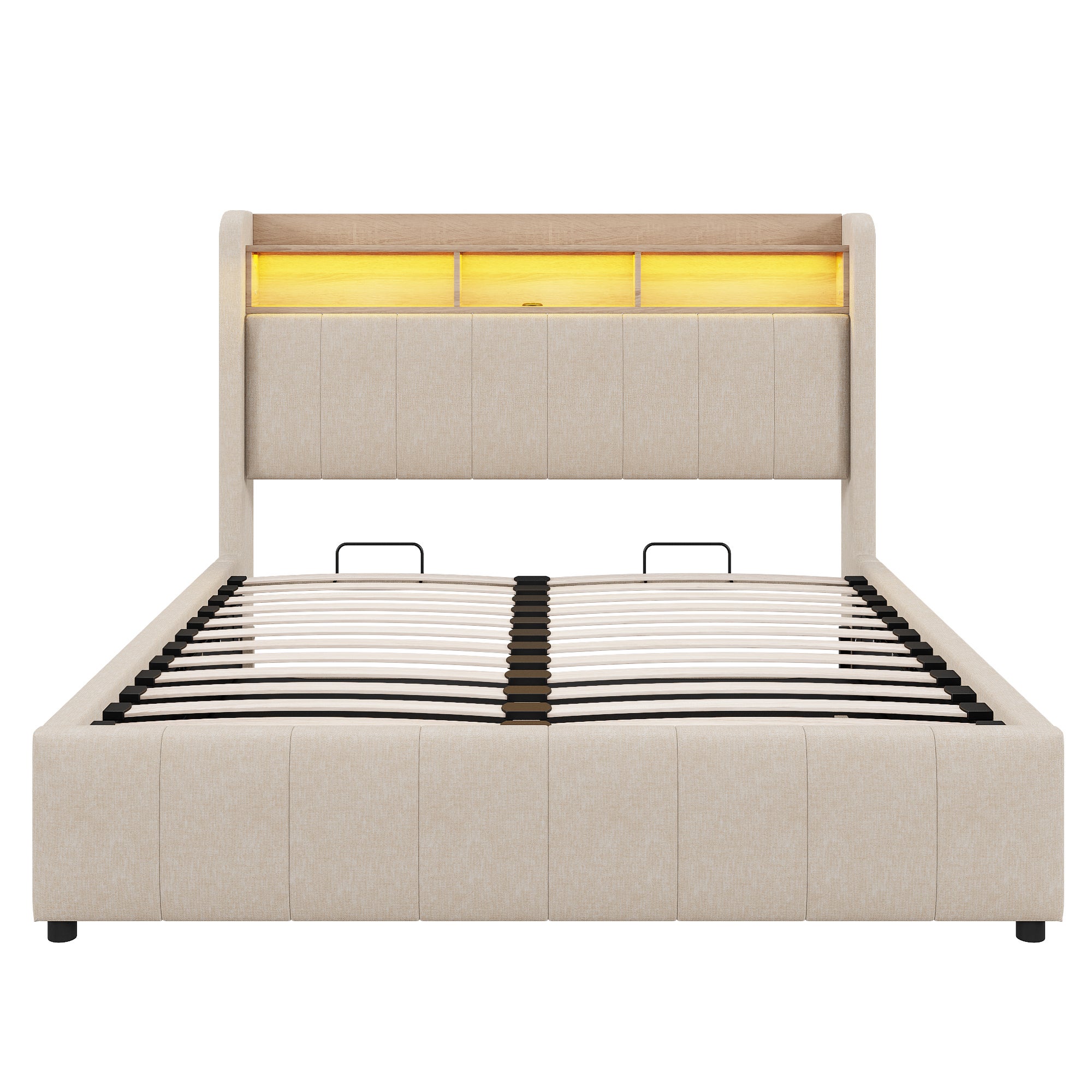 Lit coffre lit double 160 x 200 cm lit capitonné avec éclairage LED, prises USB et rangement, lin, beige - 7