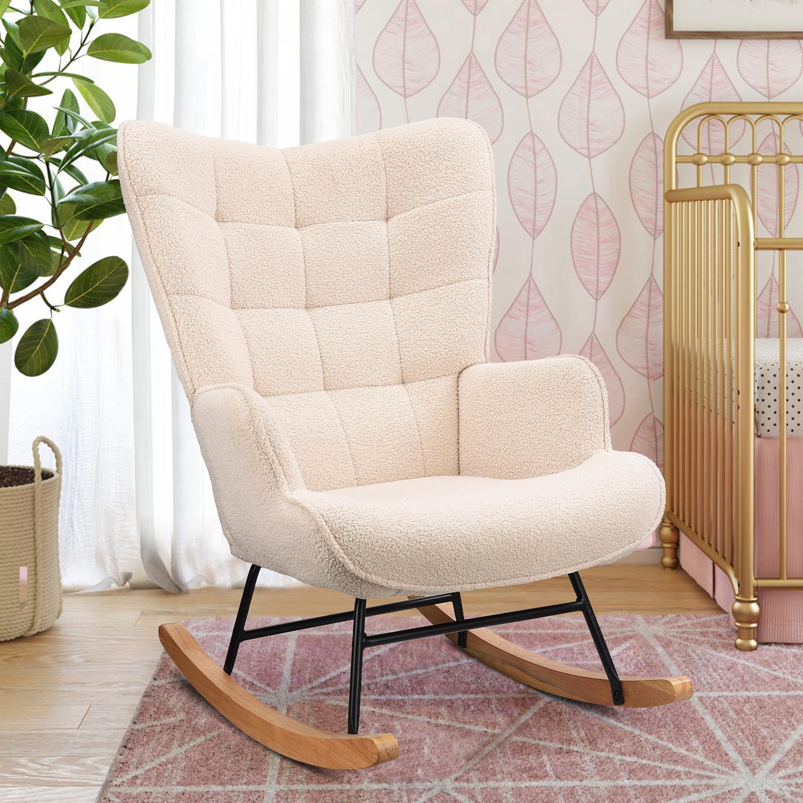 Fauteuil à Bascule, d'allaitement, de Salon, avec Structure en métal et Base en Bois, maximale : 150 kg, Tissu en Peluche, Beige, 75 x 68 x 92 cm - 9