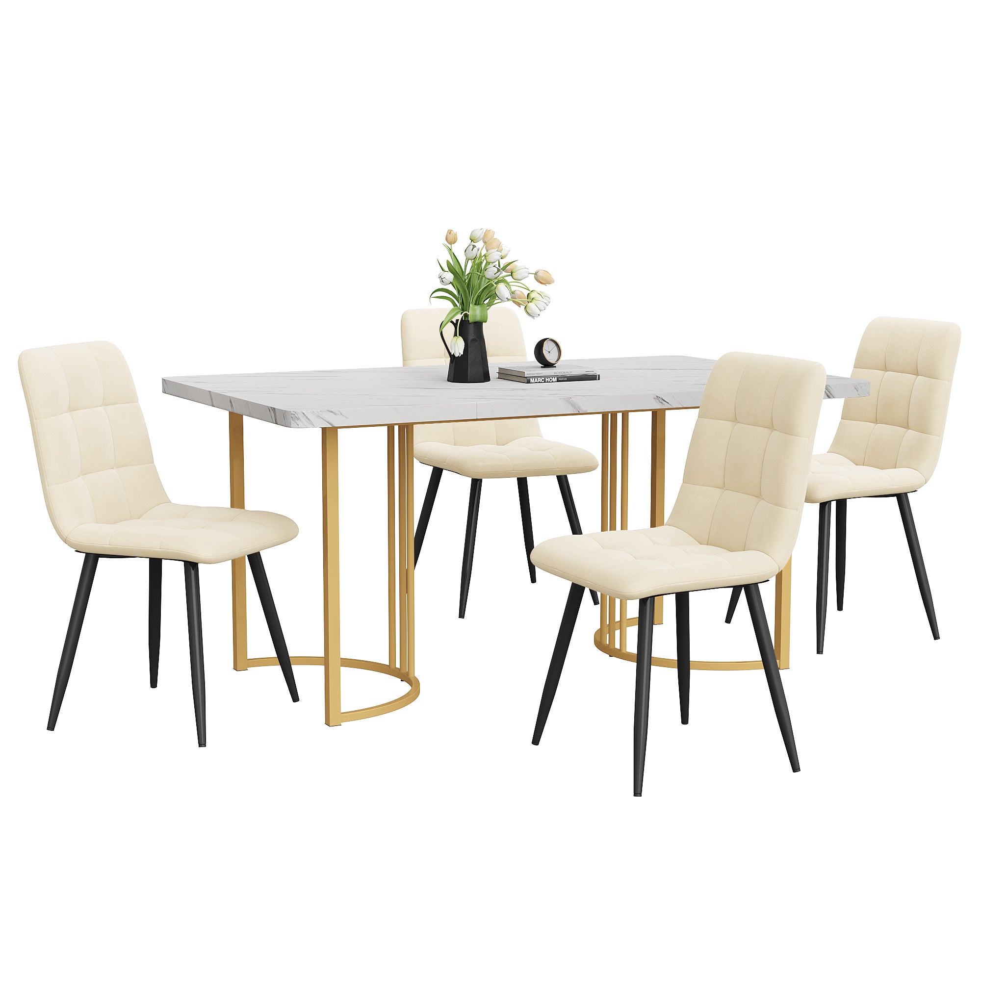 Ensemble table à manger + 4 chaises en velours -140 x 80 x 75 cm - MDF et pièds en métal doré - Blanc + beige - 3