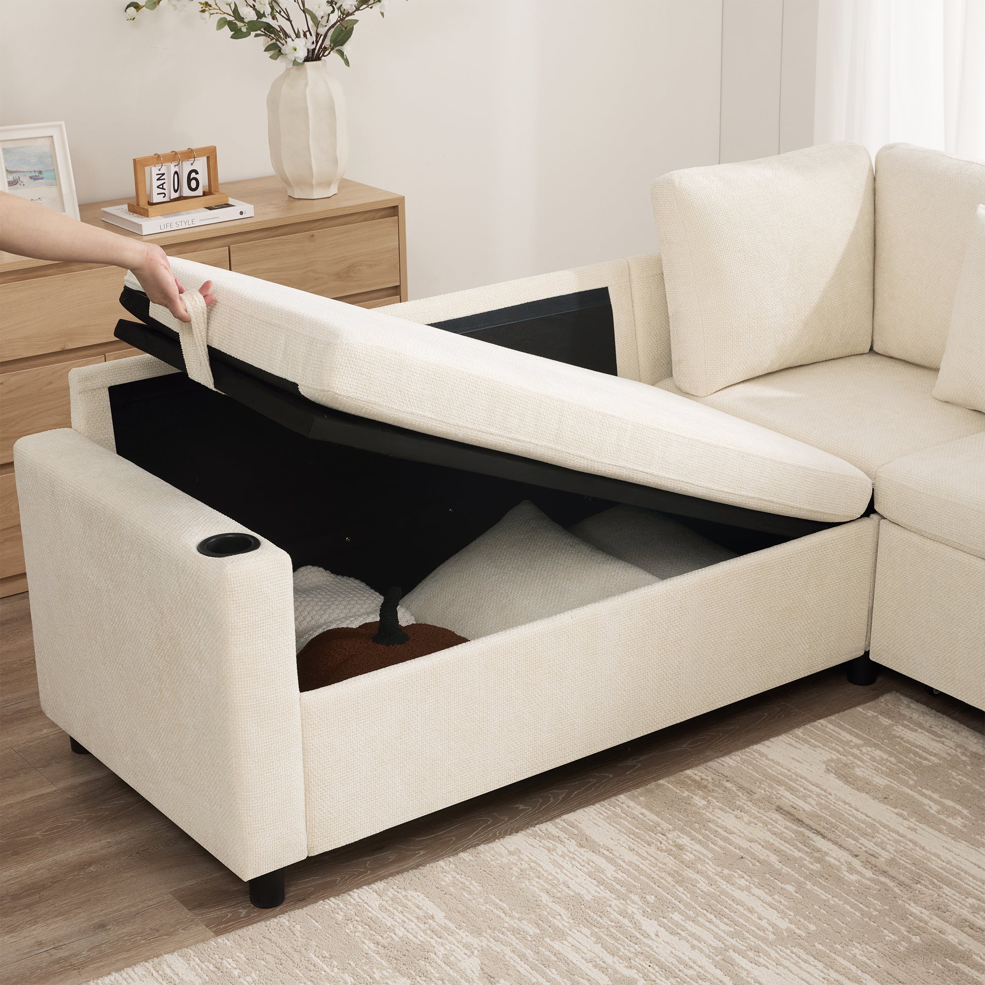 Canapé d'angle modulable 5-7 places avec pouf et rangement - 220 x 205 x 86,5 cm - Chenille - ports USB et USB-C - méridienne réversible - Beige - 8