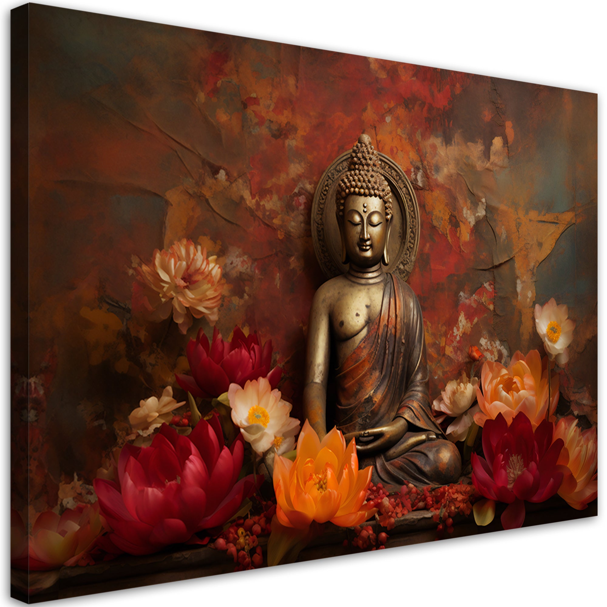 Obraz na płótnie, Medytuący Budda i kolorowe kwiaty 90x60