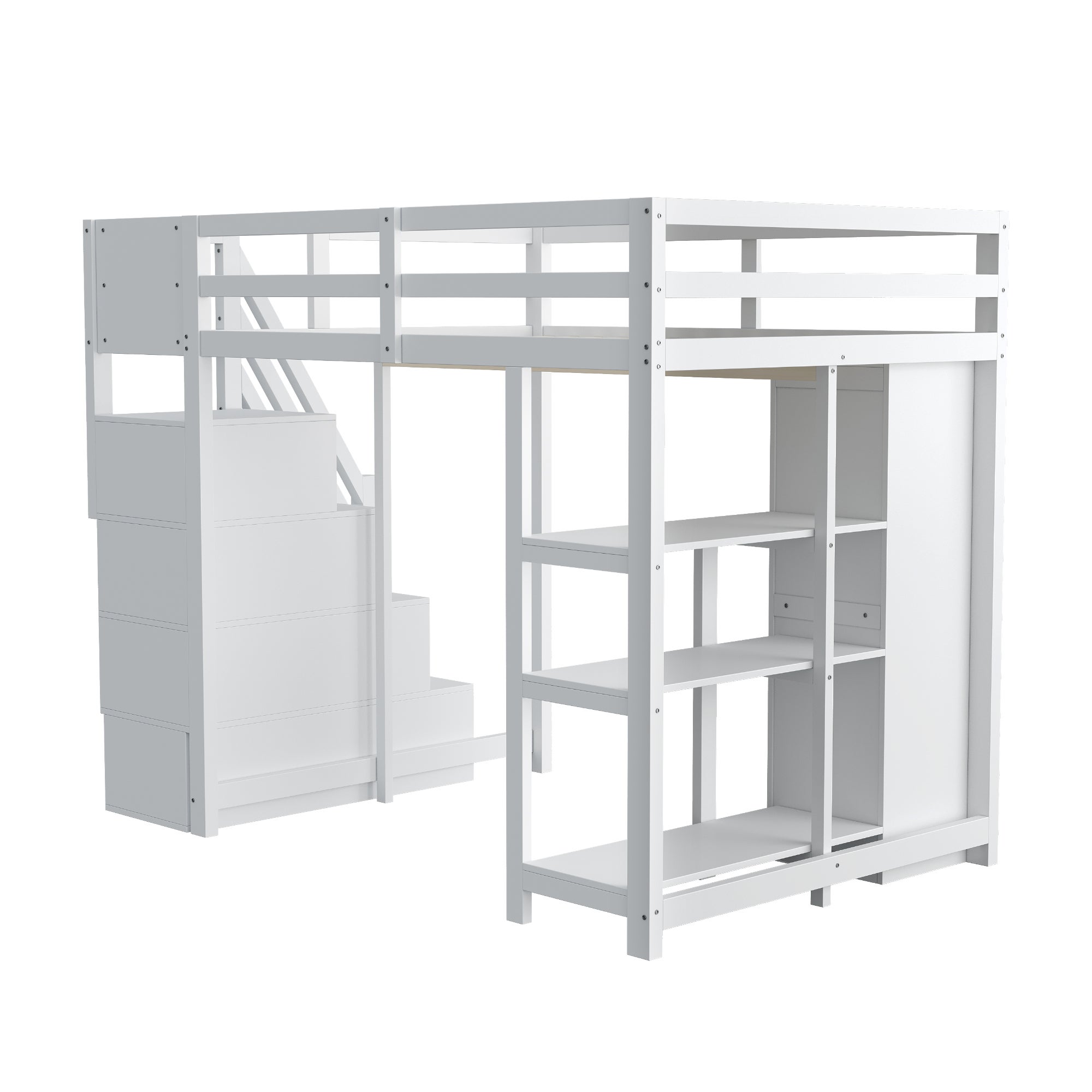 Łóżko mezzanine 140x200cm z litego drewna - z 4 szufladami i schodami do przechowywania - Białe (materac nie jest w zestawie) - 8