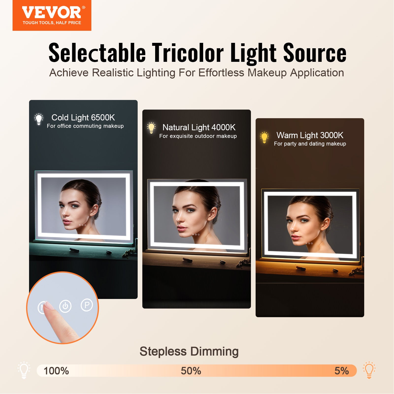 Miroir de Maquillage Hollywood,VEVOR 3 Modes Couleur,Lumière LED Studio Cosmétique,Miroir Grossissant 5X,Port USB,Contrôle Tactile,Support - 2