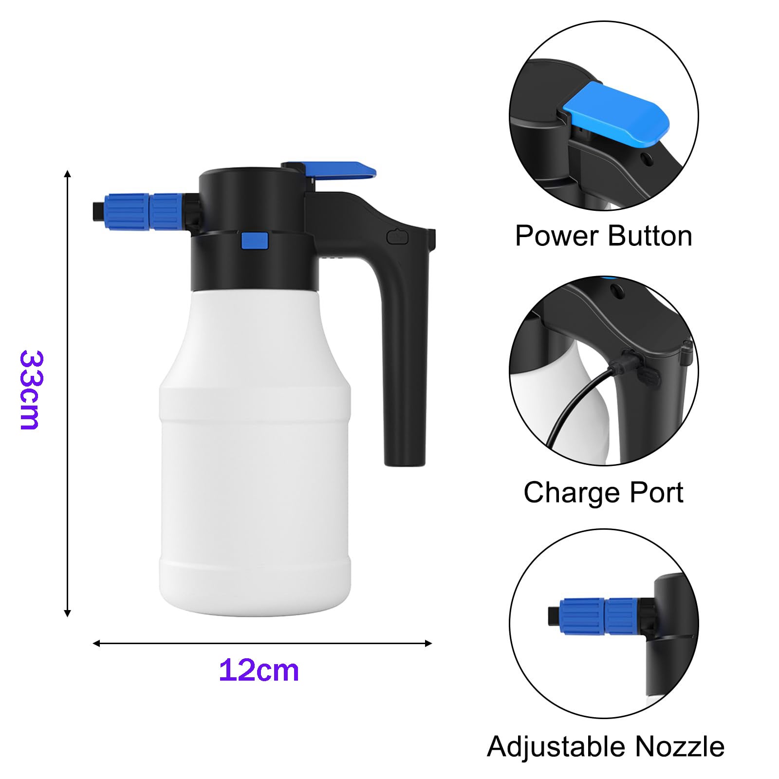 1 spruzzatore di schiuma elettrico, spruzzatore di schiuma senza fili da 1,5 l, per lavaggio auto, irrigazione giardino - 3