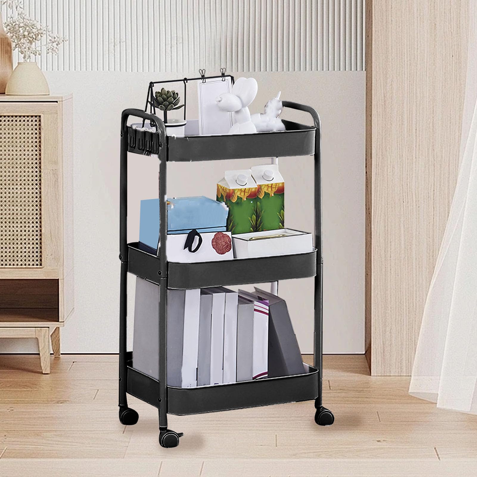 Chariot Rangement 3 Étages Mobile - Rose 43x30x76.5cm