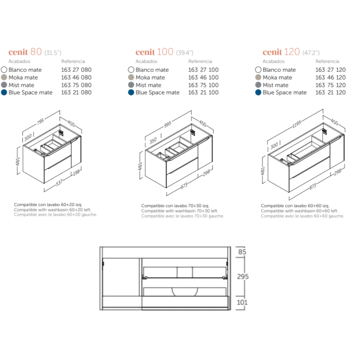 Mobili da bagno a muro con lavandino | 100 cm | 2 cassetti Porta laterale con chiusura imbottita e organizzatore | Bianco opaco - 4